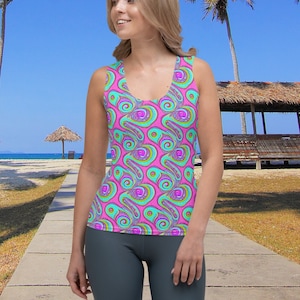 Neonroze en groene werveling tanktop voor dames