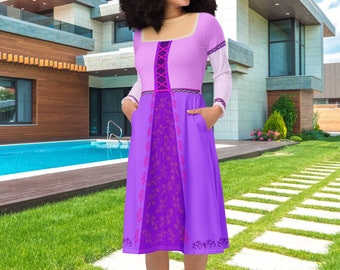 Purple Princess Long Sleeve Midi Dress, Plus Size Available