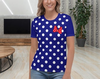 Dark Blue and White Polkadot Women's Crew Neck T-Shirt