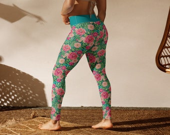 Pink and Peach Flowers on Green Floral Yoga Leggings