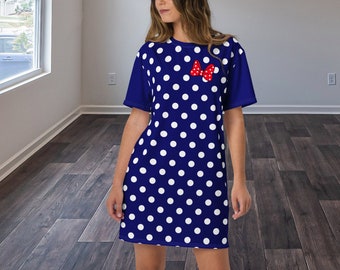 Dark Blue and White Polkadot T-Shirt Dress, Plus Size Available