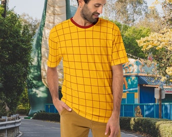 Red Plaid on Yellow Cartoon Cowboy Inspired Men's Crew Neck T-Shirt