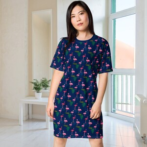 blue dress with pink flamingos Blue Cute Flamingo Hawaiian Plus Size V-Neck Dress