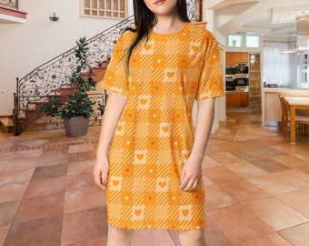 Tennessee Fall Retro Chic: Orange & White Gingham T-Shirt Dress with Autumn Vibes