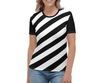 Black and White Striped Women's Crew Neck T-Shirt