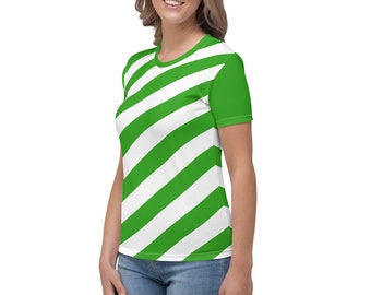 Green and White Striped Women's Crew Neck T-Shirt