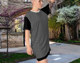 Black and White Striped Retro Halloween T-Shirt Dress with Scary-Cute Pumpkin King Cosplay Design