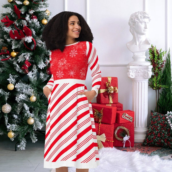Holiday Red and White Candy Cane Christmas Winter Long Sleeve Midi Dress