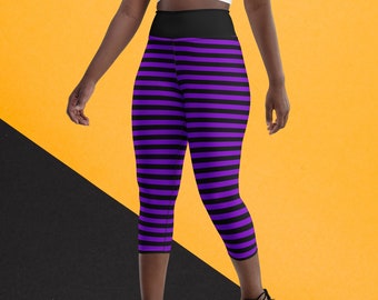 Lila und Schwarz Gestreift Retro Style Yoga Capri Legging Hexe Halloween Kostüm