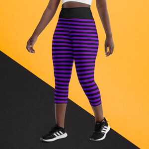 Purple and Black Striped Retro Style Yoga Capri Legging Witch Halloween Costume