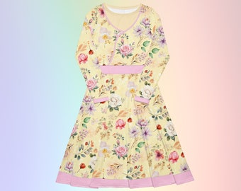 Beautiful Floral Pastel Yellow Long Sleeve Midi Dress