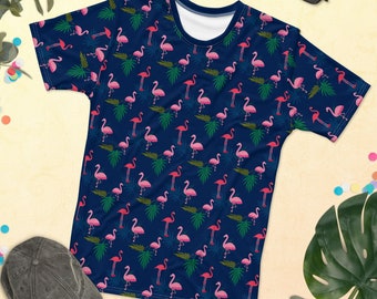 Navy Blue Tropical Flamingo Men&#39;s Crew Neck T-Shirt