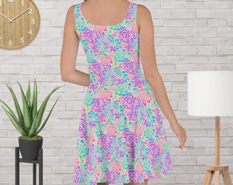 Vestido skater de vuelo floral morado y verde pastel