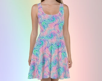 Vestido skater con remolinos en colores pastel rosa y verde