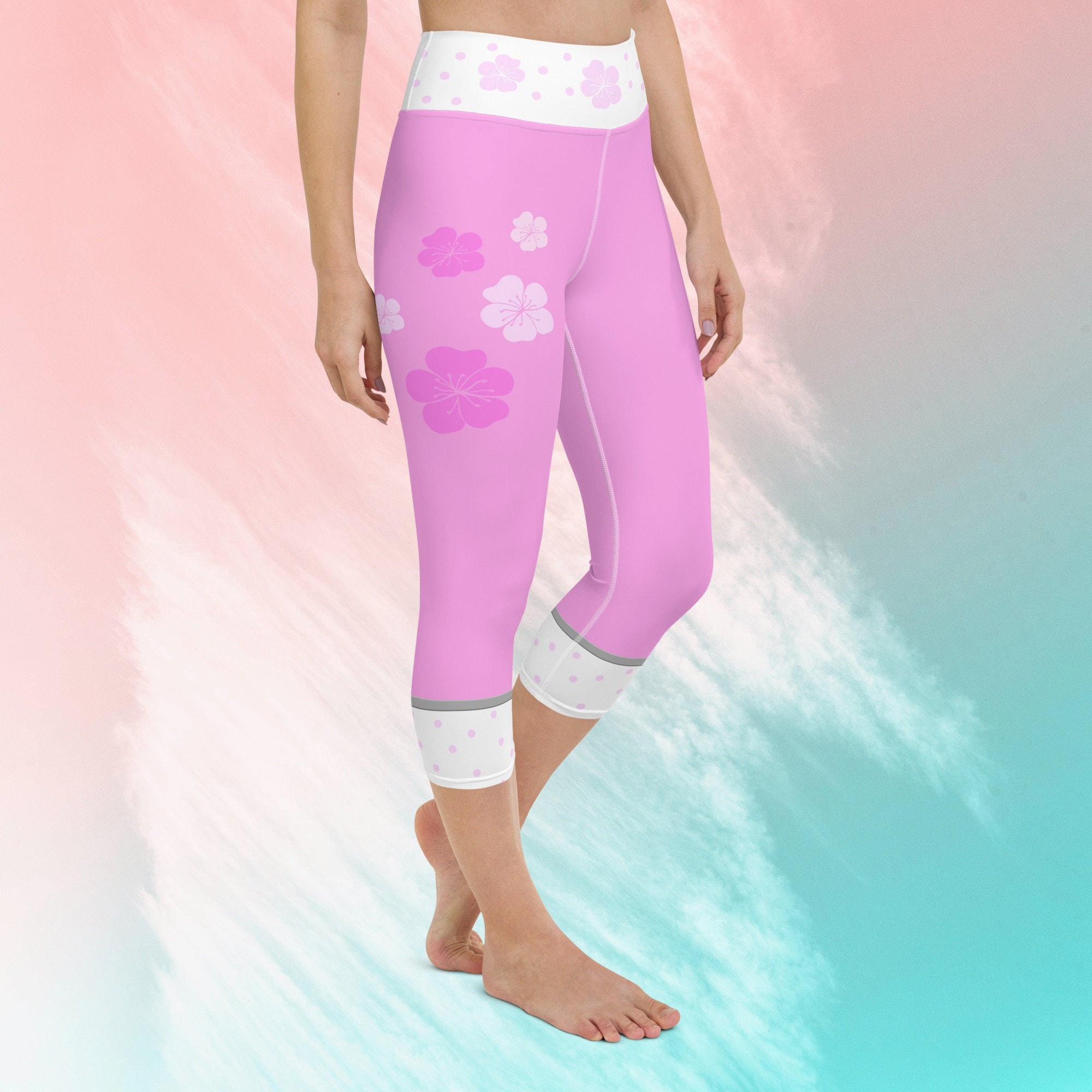 Pastel Pink Sakura Flowers Capri Yoga Leggings Anime Retro Cosplay
