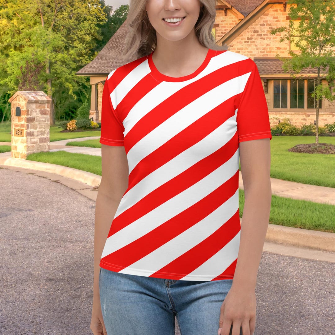 Camiseta de cuello redondo de rayas rojas y blancas para mujer