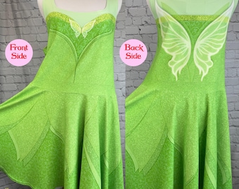 Princess Tink’s Leaf Green with Luminous Fairy Wing Fantasy Running Half Marathon Weekend Wine & Dine Costume Cosplay Tinker Skater Dress