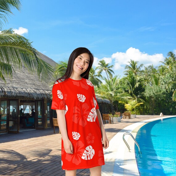 hawaiian t shirt dress Aloha Tropical Island Red Hawaiian T-shirt Dress