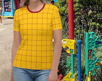 Red Plaid on Yellow Cartoon Cowboy Inspired Women's Crew Neck T-Shirt