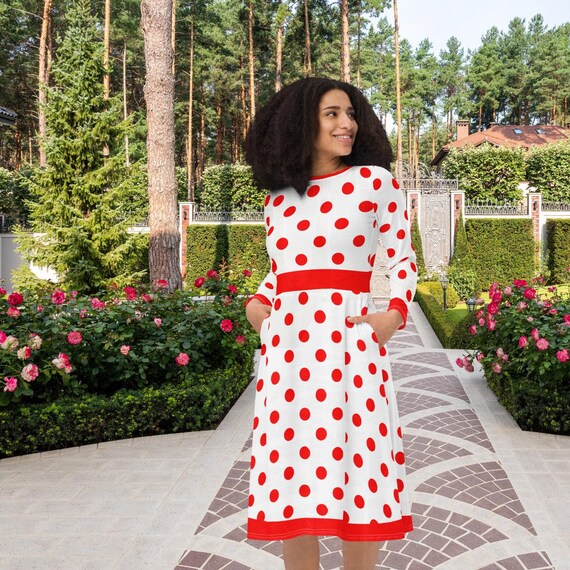 White and Red Polkadot Retro Style Holiday Party Classic Midi Dress - Etsy  UK