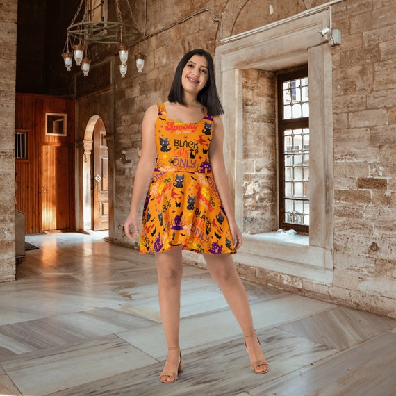 orange sleeveless skater dress Black Cat Spooky Cute Halloween Orange Skater Dress