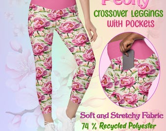 Pastel Pink Peony Floral Crossover High Waisted Sports Wear Yoga Leggings with Pockets