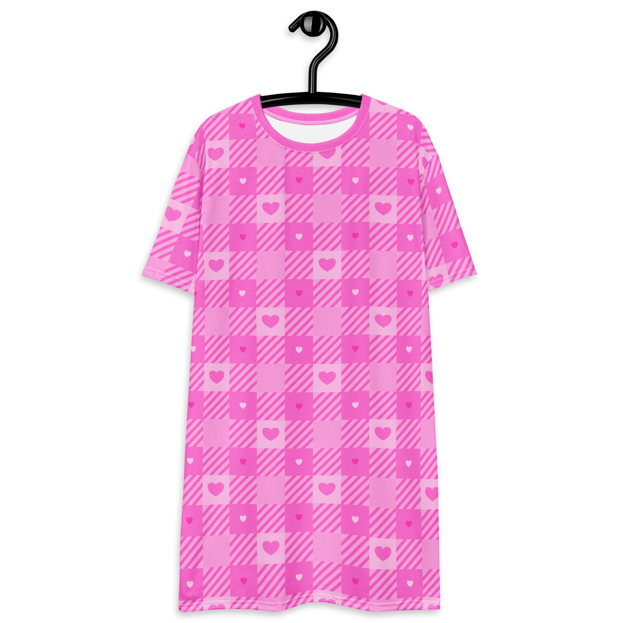 Pastel Pink Heart Cute Gingham Women's T-Shirt Dress, Plus Size Available