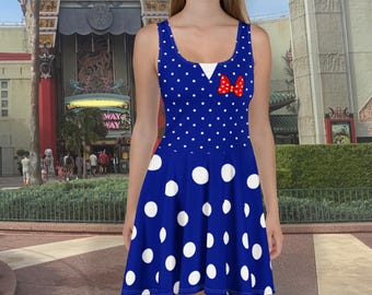 Dark Blue and White Polkadot Skater Dress, Fit and Flare Midi Dress