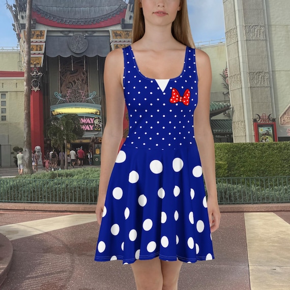 Dark Blue and White Polkadot Skater Dress, Fit and Flare Midi Dress