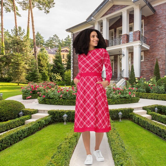 Red Christmas Plaid Retro Vintage Style Long Sleeve Midi Dress