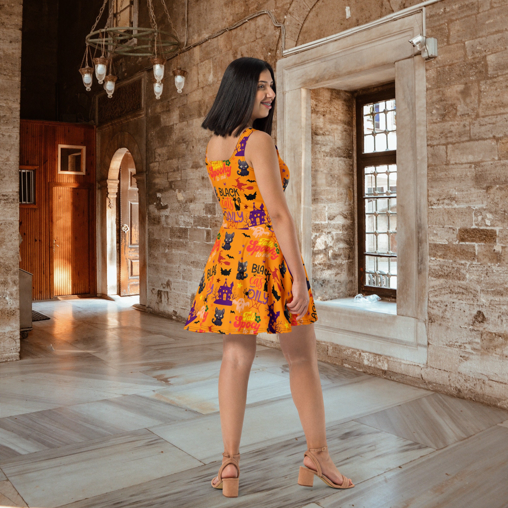 Black Cat Spooky Cute Halloween Orange Skater Dress