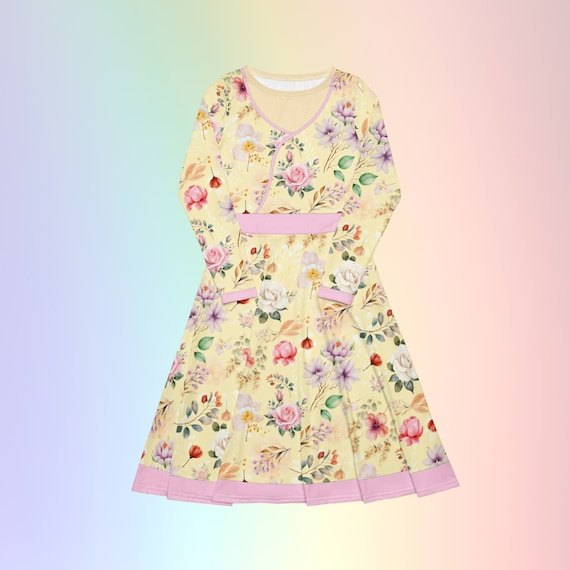 Beautiful Floral Pastel Yellow Long Sleeve Midi Dress Beautiful Floral Pastel Yellow Long Sleeve Midi Dress