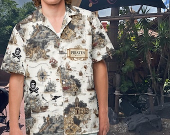 Pirate Ships with Old Map Treasure Skull Island White Unisex Button Shirt