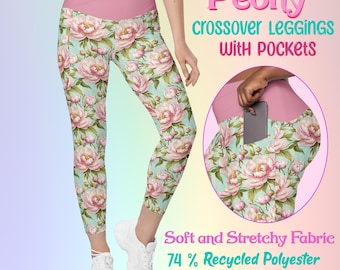 Pastel Aqua with Pink Peony Floral Crossover High Waisted Sports Wear Yoga Leggings with Pockets