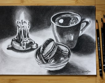 Original Pencil Drawing, Still Life Coffee Macarons Candle Light Drawing Sketch