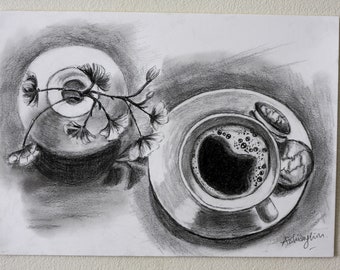 Original Pencil Drawing, Still Life Coffee Flowers Graphite Pencil Drawing, Study of Tonal Value.