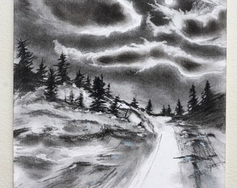 Original Charcoal Drawing, Moon Clouds Nocturne Landscape Charcoal Drawing illustration sketch