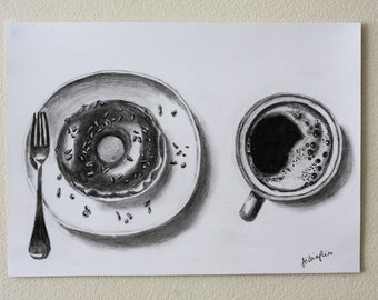 Original Pencil Drawing, Still Life Donut Coffee Pencil Drawing