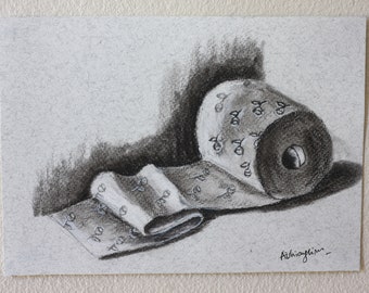 Original Charcoal Drawing, Toilet paper Drawing Illustration Sketch.