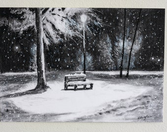 Original Charcoal Drawing A4 size, Snowy Night Landscape Streetscape Nocturne Charcoal Drawing, Charcoal Art.