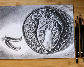 Original Pencil Drawing, Still Life Vegetable Cabbage Chilies Pencil Drawing Illustration Sketch