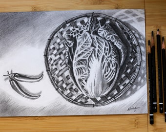 Dessin original au crayon, nature morte légumes chou piments dessin au crayon Illustration esquisse