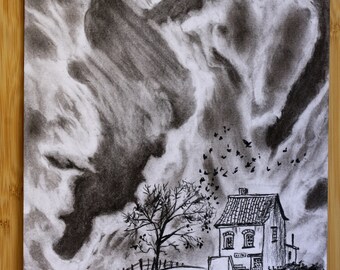 Original Charcoal Drawing, Cute House Landscape Clouds Charcoal Drawing Illustration Sketch. Black and White Artwork