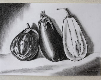Original Pencil Drawing, Still Life Vegetable Eggplant Food Pencil Drawing