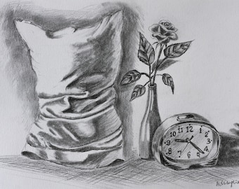 Original Pencil Drawing, Still Life Pillow Rose Flower Clock Drawing Illustration Sketch.