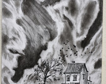 Original Charcoal Drawing, Cute House Landscape Clouds Charcoal Drawing Illustration Sketch.