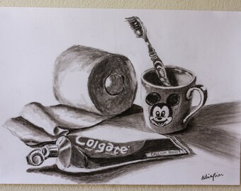 Original Charcoal Drawing, Still Life Toilet Roll Toothpaste Toothbrush Drawing Illustration Sketch.