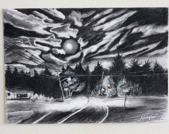 Original Charcoal Drawing A4 Size, Moonlight Clouds Nocturne Night Sky Night Driving Impressionist Charcoal Drawing.