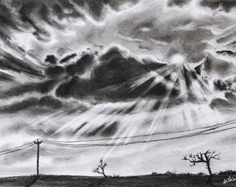 Original Charcoal Drawing, Landscape Sunlight Clouds Drawing Illustration Sketch.