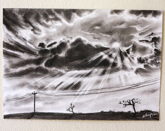 Original Charcoal Drawing, Landscape Sunlight Clouds Drawing Illustration Sketch.